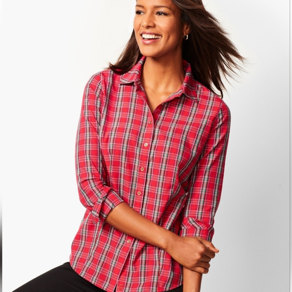Talbots non iron size 20W Red plaid gold buttons metallic button up Christmas
